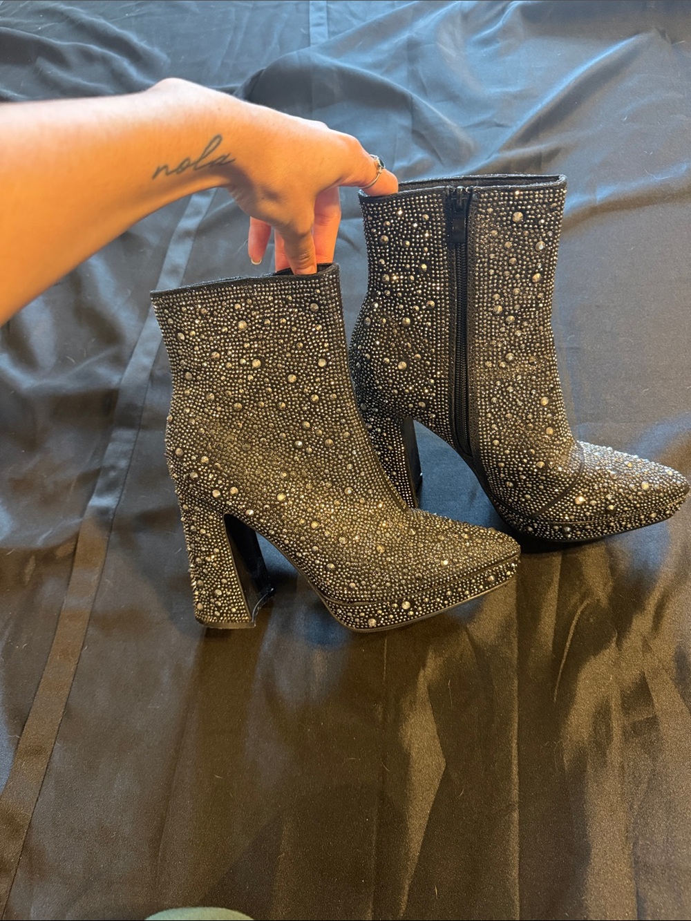 Embellished Black Platform Ankle Boots